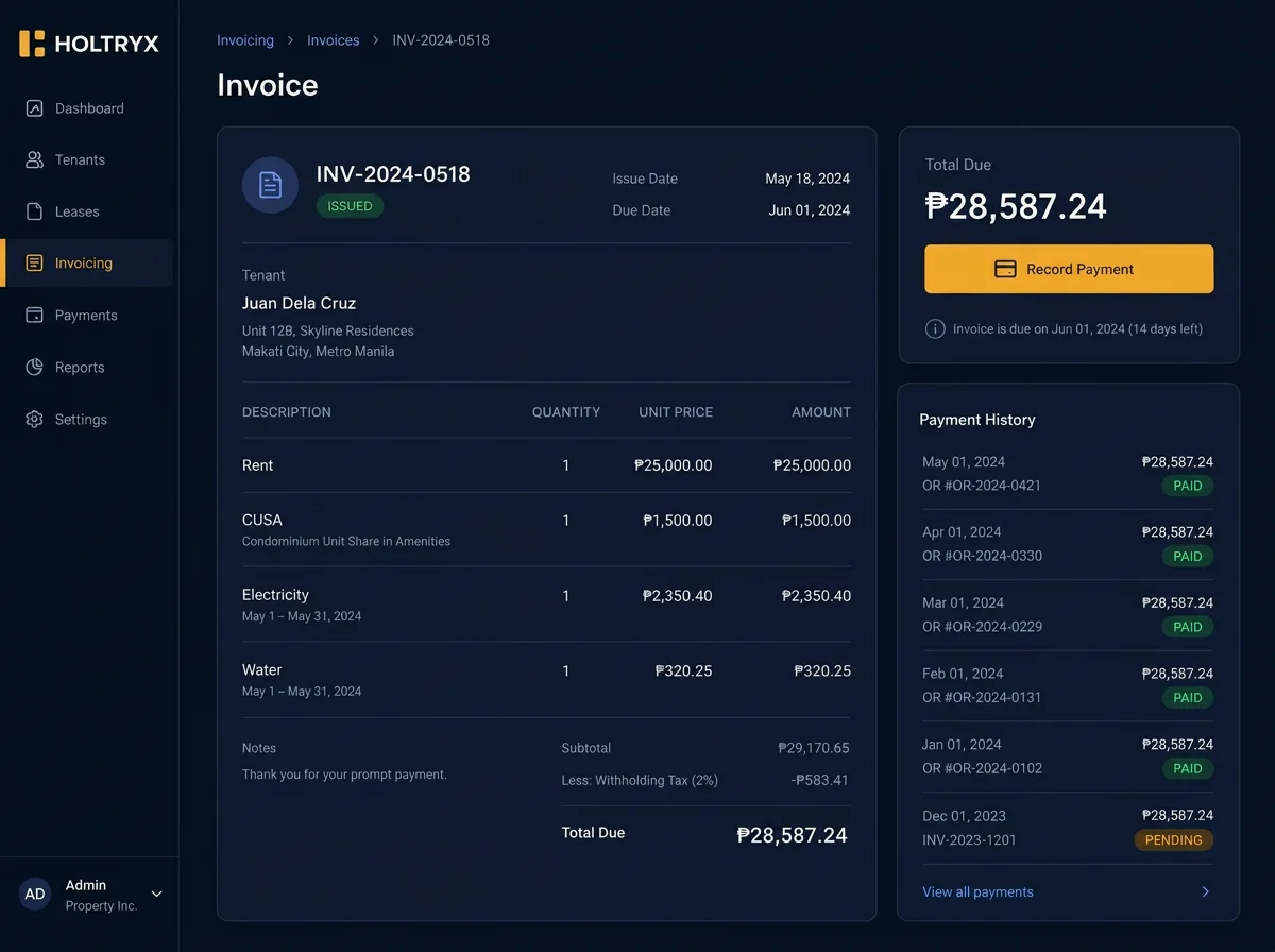 Invoice & payment panel