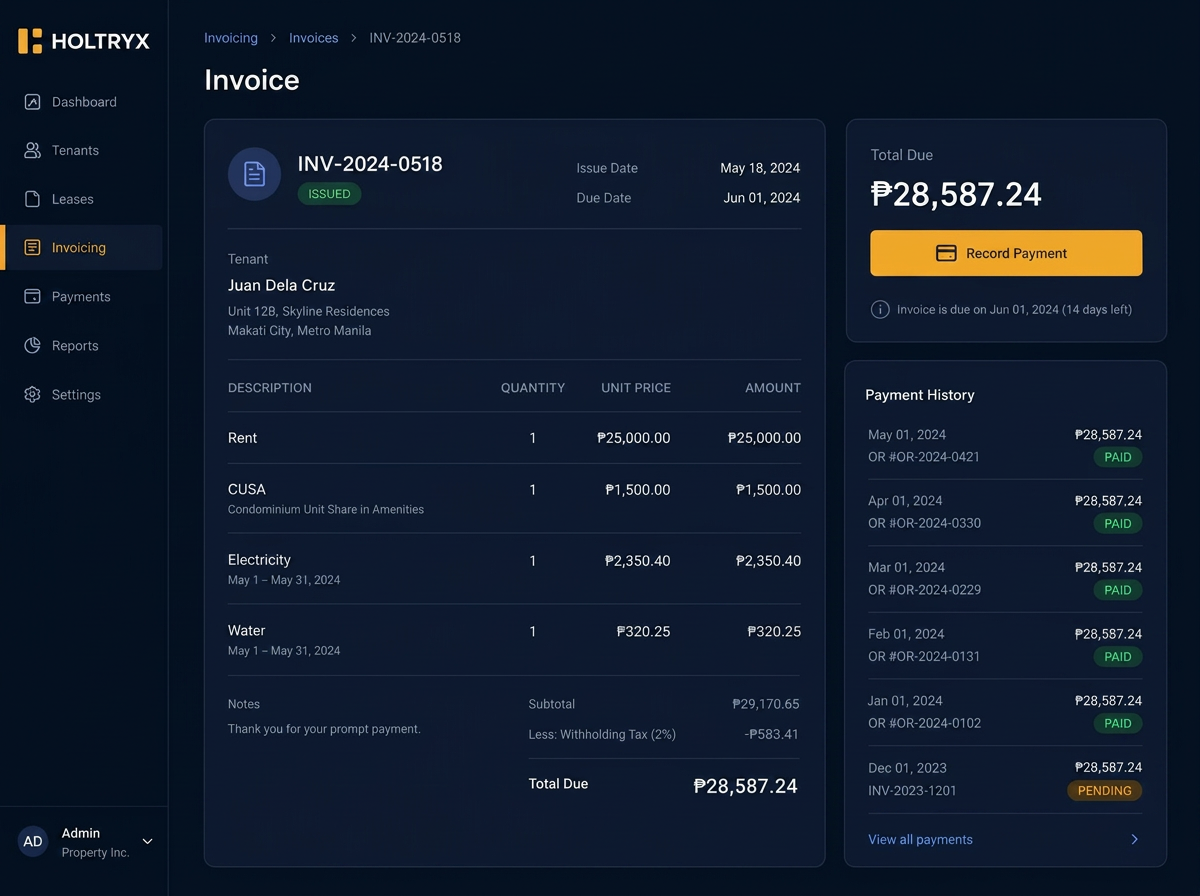 Payment Management in Holtryx